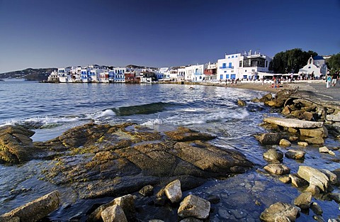 Rocky beach in front of Little Venice, Mykonos Island, Cyclades, Greece, Europe