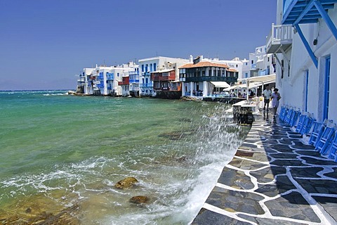 Promenade along the port of Little Venice, Mykonos Island, Cyclades, Greece, Europe