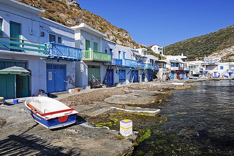 Colourful houses beside the ocean of the fishing village of Klima on Milos Island, Cyclades Island Group, Greece, Europe