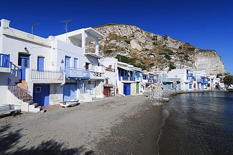 Colourful houses beside the ocean of the fishing village of Klima on Milos Island, Cyclades Island Group, Greece, Europe