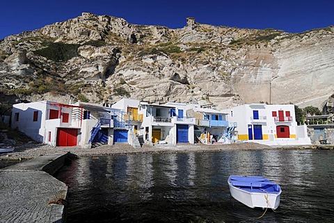 Colourful houses beside the ocean of the fishing village of Klima on Milos Island, Cyclades Island Group, Greece, Europe