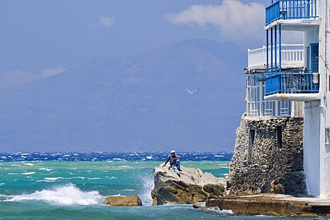 Fisherman near Little Venice, Mykonos Island, Cyclades, Greece, Europe