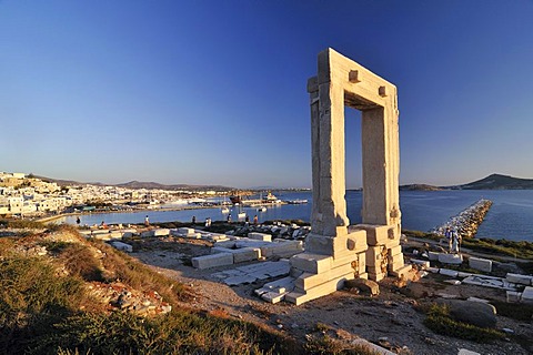 Gateway to antiquity, giant door or Portara of the Temple of Apollo at the town of Naxos, Cyclades Island Group, Greece, Europe