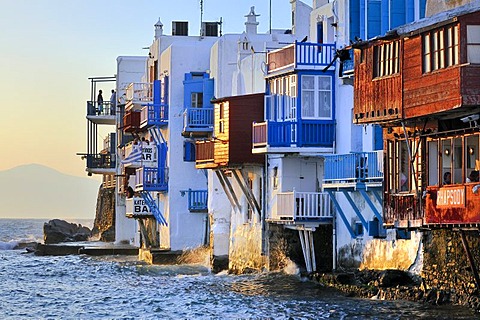 Houses facing the sea, colourful wooden balconies in Little Venice, Mykonos, Cyclades, Greece, Europe