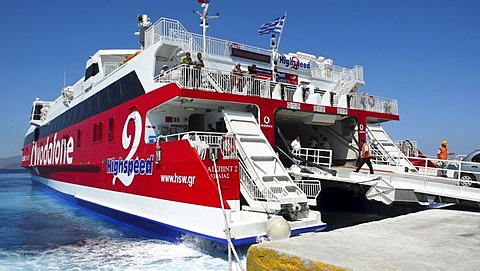 Docked high speed car ferry, Cyclades, Greece, Europe