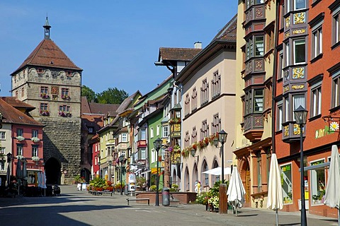 Pedestrian precinct (main street) with a view on the black gate, Rottweil, Baden-Wuerttemberg, Germany