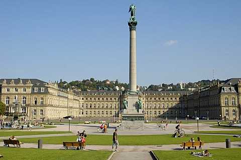 Palace Square (Schlossplatz) with Jubilee Column (Jubilaumssaule) and New Palace (Neues Schloss), Stuttgart, Baden-Wuerttemberg, Germany, Europe