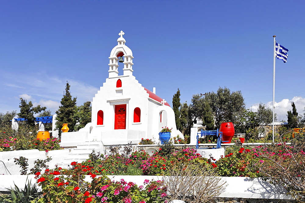 A colourful chapel at a hotel, Myconos, Greece