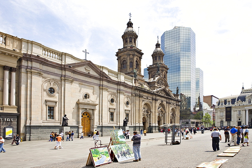 Cathedral and street vendors selling art at Plaza de Armas (all main squares in Chile go by this name), Santiago de Chile, Chile, South America