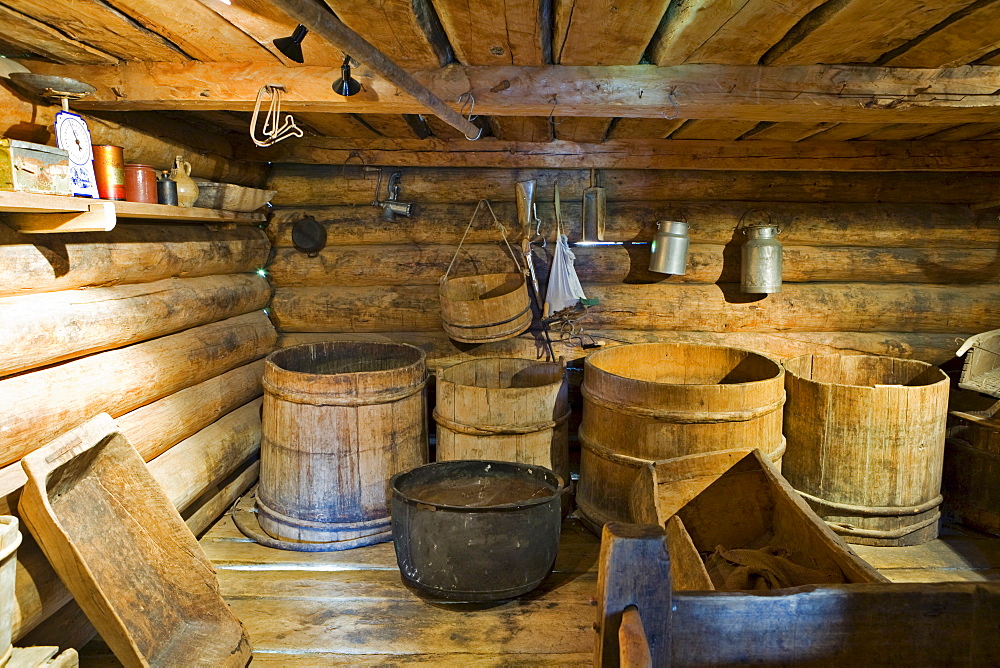 Wooden barrels in an attic at the living history museum in Uvdal, Norway, Scandinavia, Europe