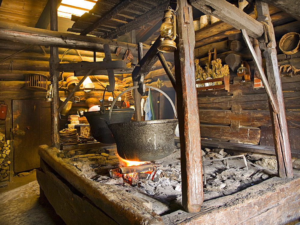 Rustic kitchen, Karseggalm alpine valley, Grossarltal, Salzburg, Austria, Europe