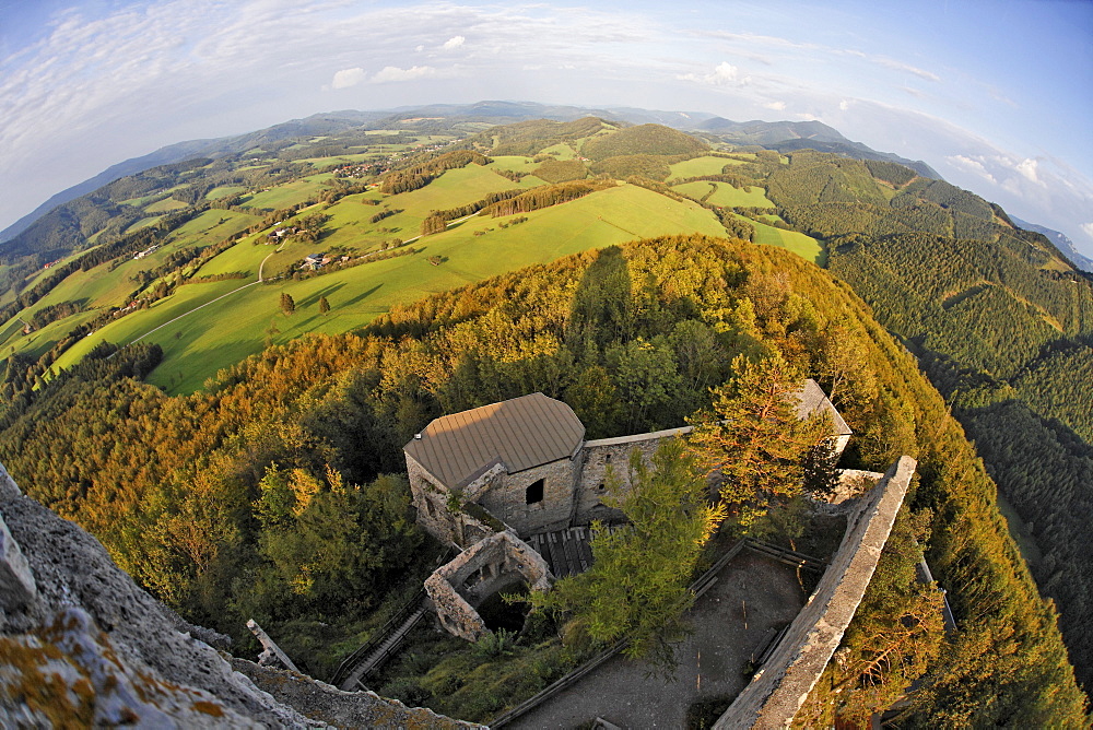 View from the tower of Araburg Castle onto other parts of the castle near Kaumberg, Triestingtal, Lower Austria, Austria, Europe