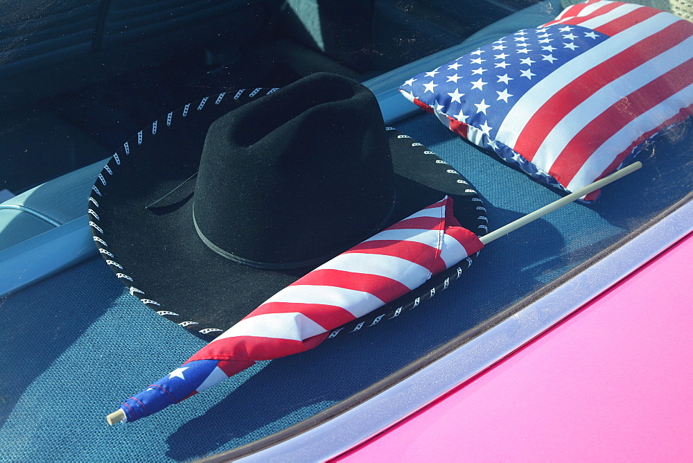 USA symbols on the back shelf of a road cruiser, Automotive parts market and vintage car meeting, Muehldorf am Inn, Upper Bavaria, Bavaria, Germany