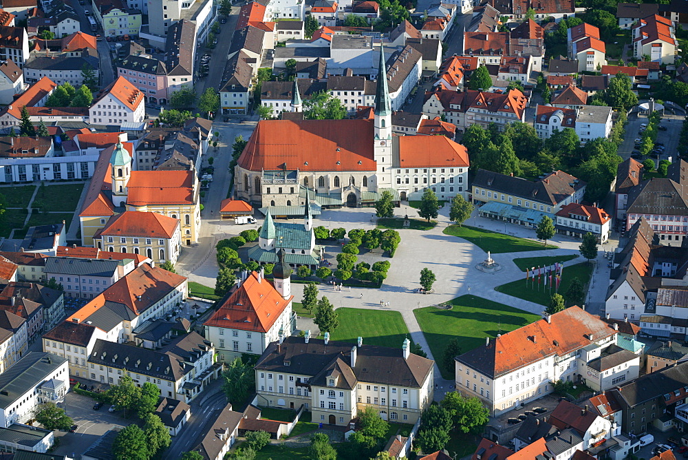 Aerial view of Grace Chapel (Gnadenkapelle) and Chapel Square in the pilgrimage town of Altoetting, Upper Bavaria, Bavaria, Germany, Europe