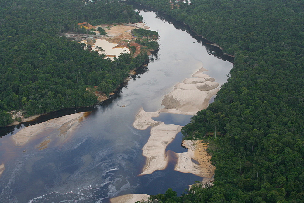 Aerial shot, mining in the rainforest, Guyana, South America