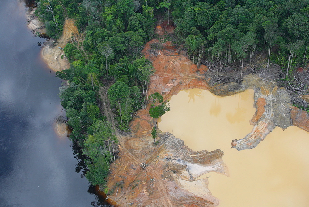 Aerial shot, mining in the rainforest, Guyana, South America