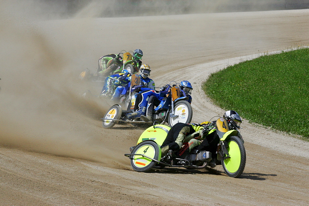 Motorcycle sidecars, international motorcycle race on a dirt track speedway in Muehldorf am Inn, Upper Bavaria, Bavaria, Germany, Europe