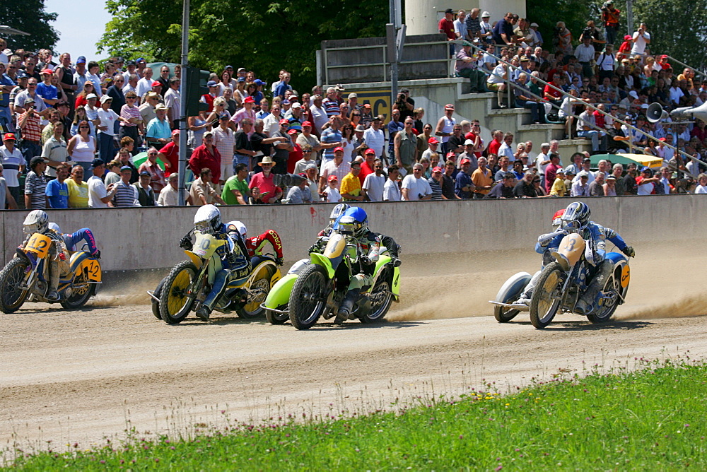 Sidecar motorcycles, international motorcycle race on a dirt track speedway in Muehldorf am Inn, Upper Bavaria, Bavaria, Germany, Europe