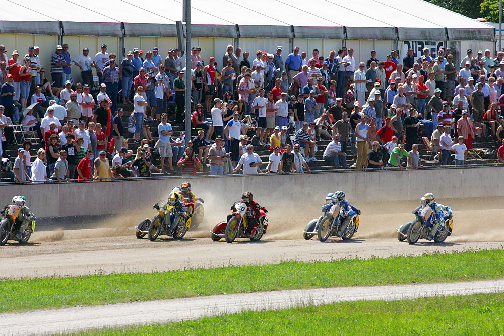 Motorcycle sidecars, international motorcycle race on a dirt track speedway in Muehldorf am Inn, Upper Bavaria, Bavaria, Germany, Europe