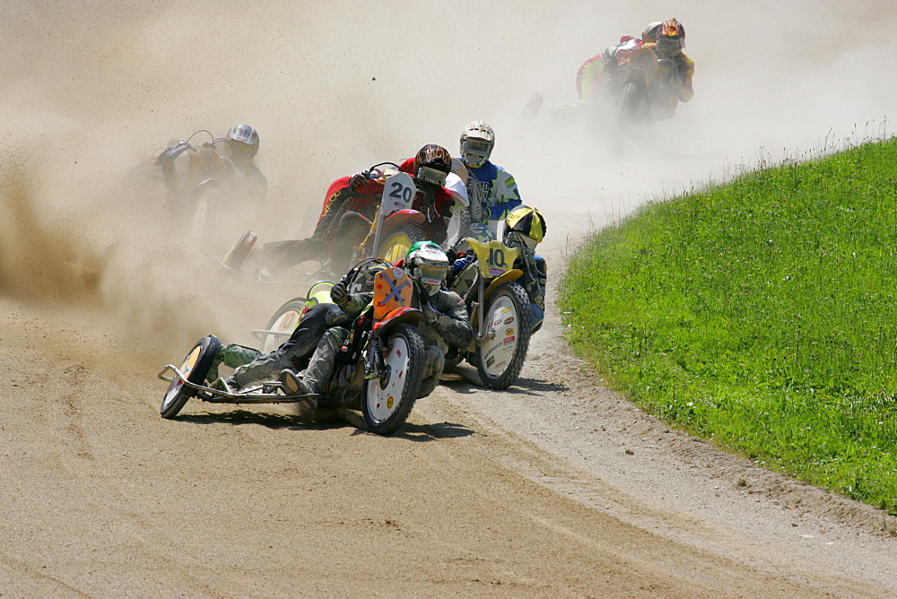 Motorcycle sidecars, international motorcycle race on a dirt track speedway in Muehldorf am Inn, Upper Bavaria, Bavaria, Germany, Europe