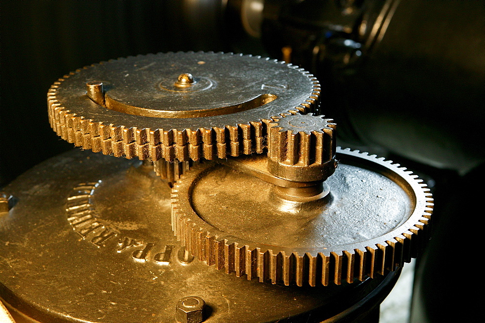 Cogwheels at an old hydroelectric power station, Isen, Upper Bavaria, Bavaria, Germany, Europe