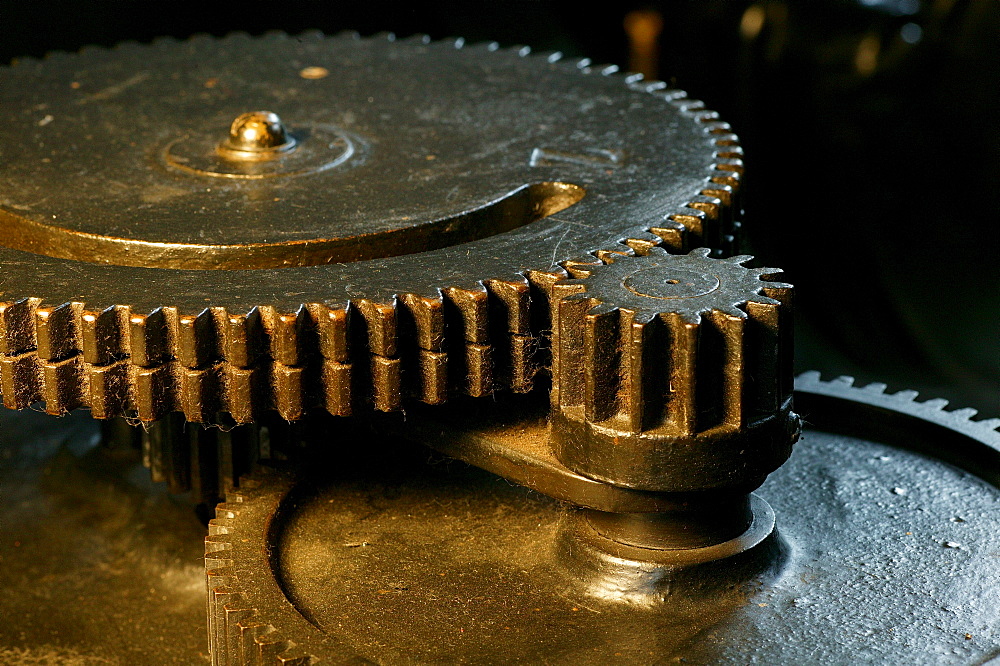 Cogwheels at an old hydroelectric power station, Isen, Upper Bavaria, Bavaria, Germany, Europe