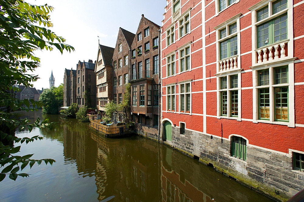 Town houses lining a canal in Ghent, East Flanders, Belgium, Europe