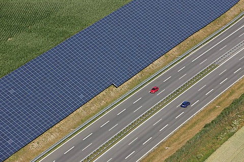 Photovoltaic installation by the motorway, Muehldorf, Upper Bavaria, Germany, Europe