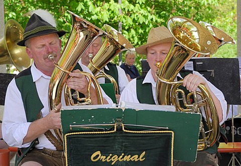 Horn players of the Altnussberger music group at the folk music festival "Drumherum" in Regen, Lower Bavaria, Germany, Europe