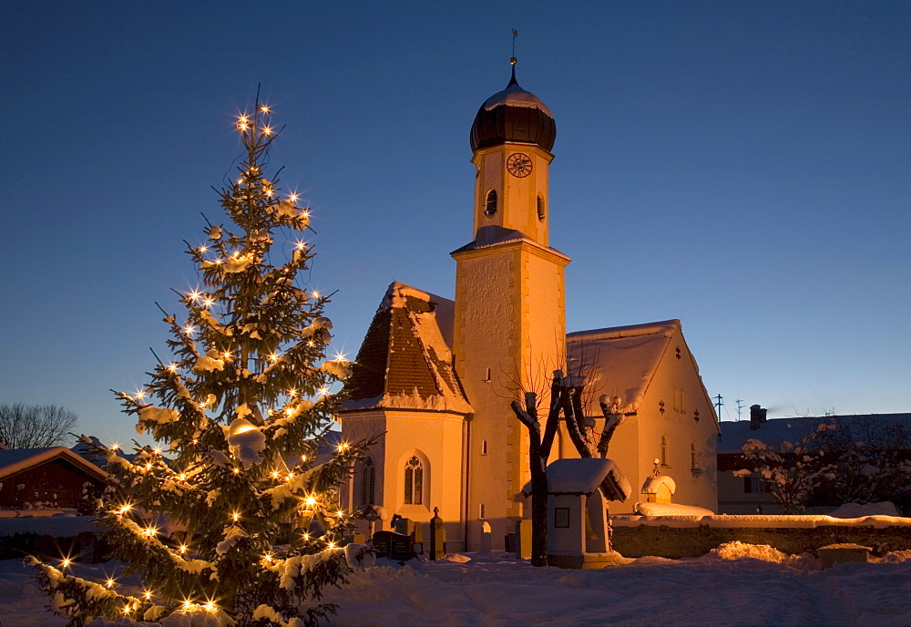 Church in the evening, illuminated, Christmas tree, Wallgau near Mittenwald, Upper Bavaria, Germany, Europe