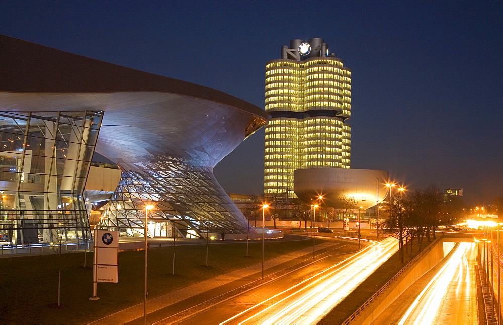 Modern car dealership illuminated at night, Munich, Upper Bavaria, Bavaria, Germany, Europe