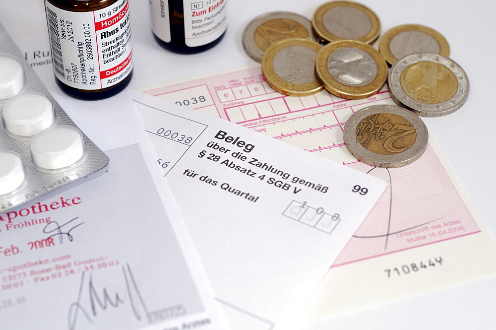 Medication, prescription, receipt and coins