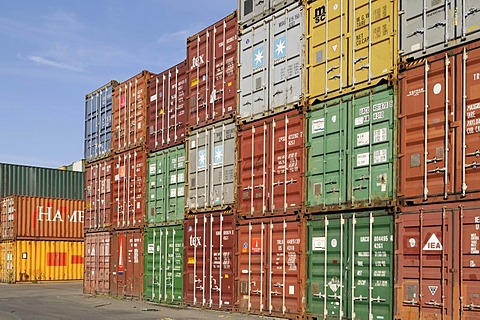 View in a container terminal, various overseas containers stacked in groups