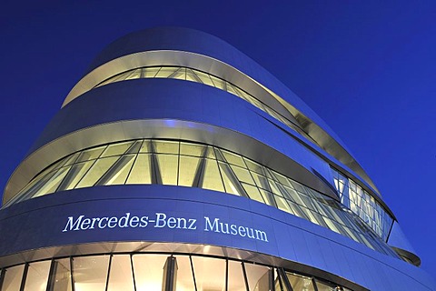 Mercedes Museum at night, Stuttgart, Baden-Wuerttemberg, Germany, Europe