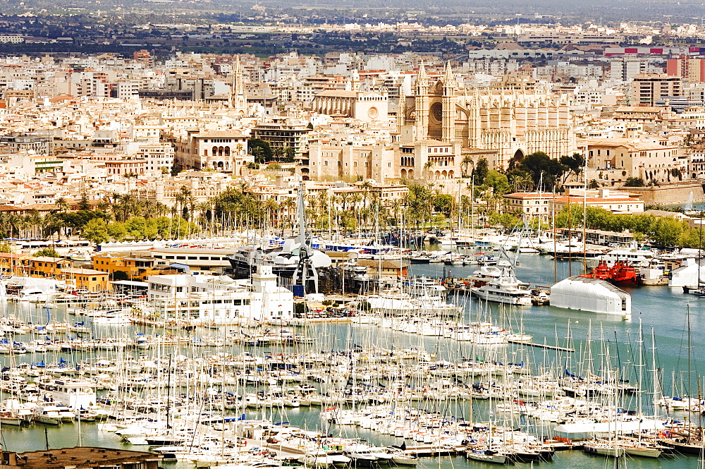 View of the harbour and historic city centre with Sa Seu Cathedral, Palma, Majorca, Balearic Islands, Spain, Europe