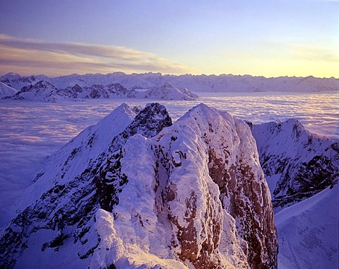 View from Wetsern Karwendelspitze, fog, behind Stubai Alps, Karwendel, Tyrol, Austria