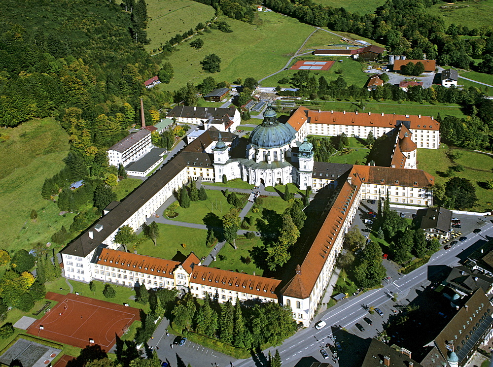 Kloster Ettal, Ettal Abbey, Benedictine monastery, aerial view, Upper Bavaria, Bavaria, Germany