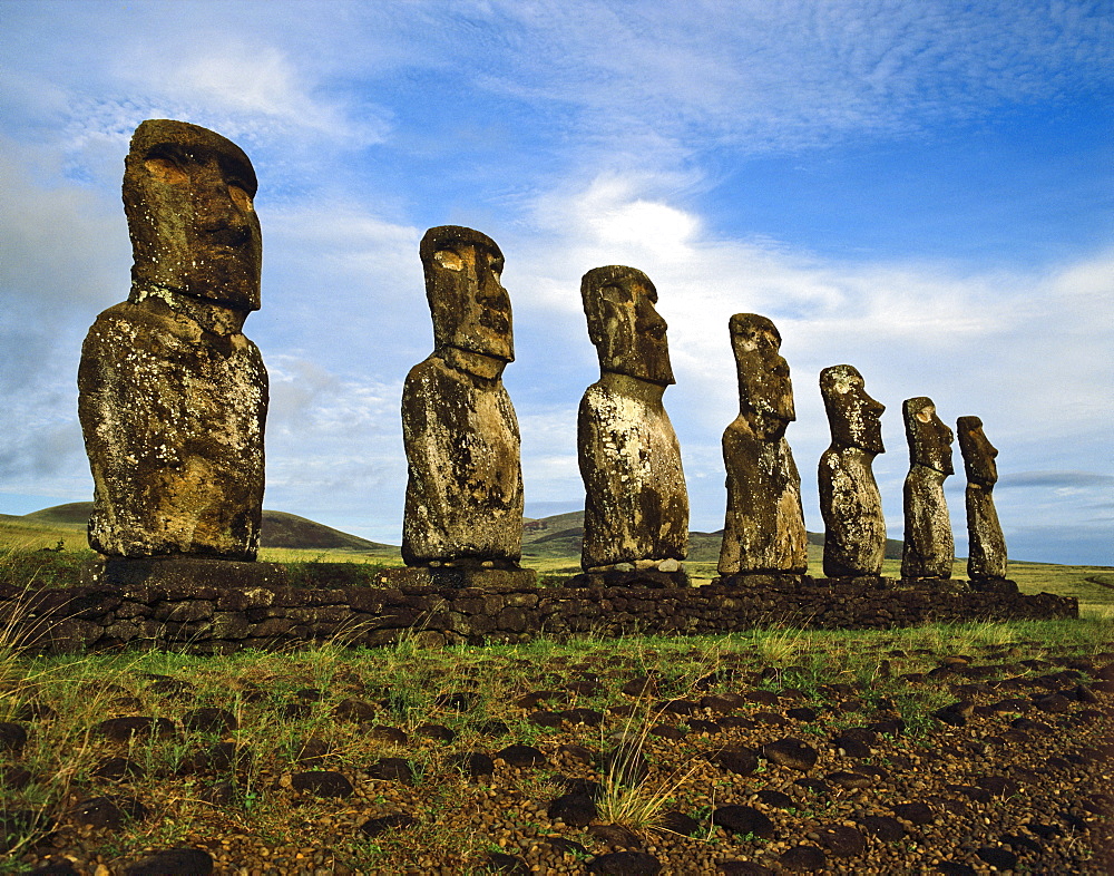 Seven moais of Ahu Akivi, stone sculptures, Rapa Nui National Park, Easter Island, Chile, Oceania