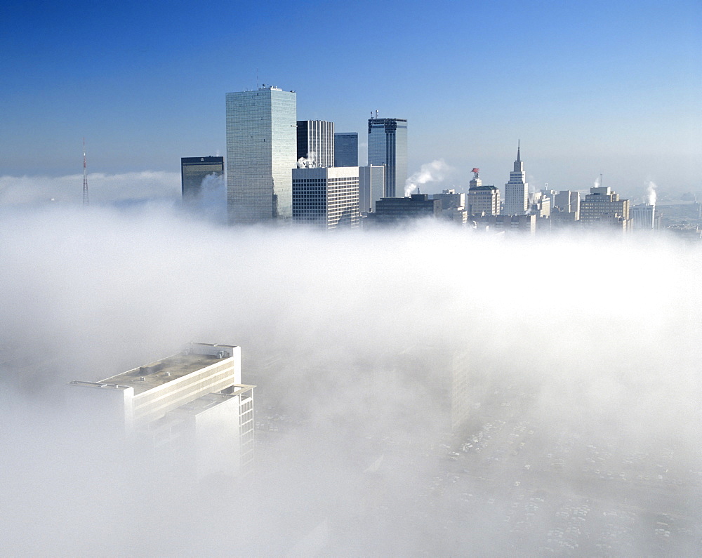 Dallas skyline in the fog, Dallas, Texas, USA