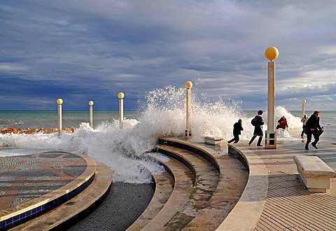 People, storm, promenade, storm flood, waves, flood, Altea, Alicante province, Costa Blanca, Spain, Europe