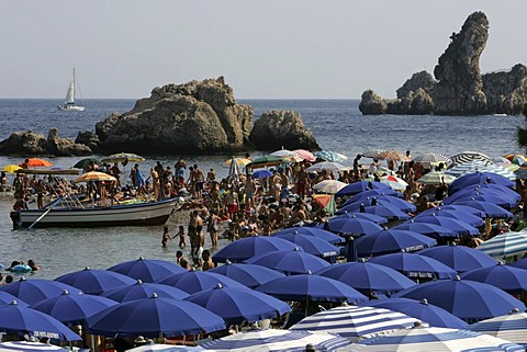 ITA, Italy, Sicily : The town of Taormina, in the northeast of the island. Beach at the Islola Bella |