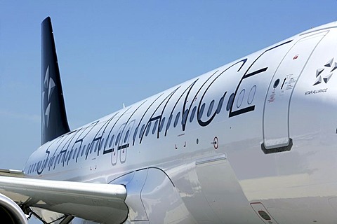 TAP Portugal Airline, Airbus A 320, with Star Alliance design, airport Muenster Osnabrueck, North Rhine-Westphalia, Germany