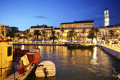 The harbour promenade, at dusk, Split, Middle Dalmatia, Croatia