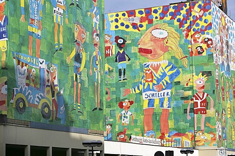 Big art printings at the facades of the Romanushaus , made by the artist Michael Fischer-Art, Leipzig, Saxony, Germany