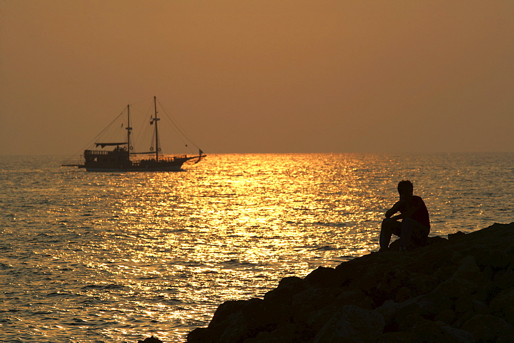 TUR Turkey Side Turkish riviera coast. Sunset turkish Gulet traditional sailingboat