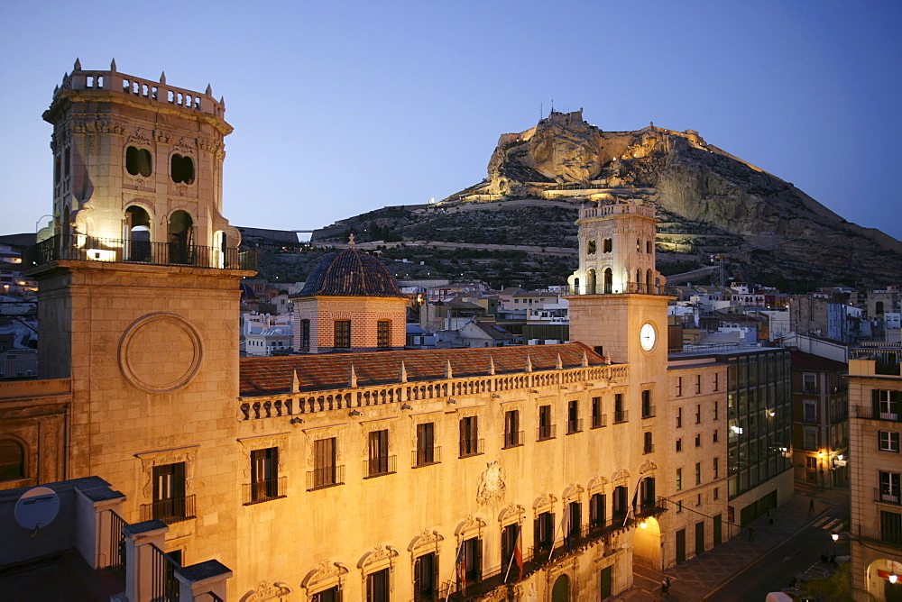 Spain, Alicante : Oldtown, City Hall, Anyuntamiento and Monte Benacantil hill