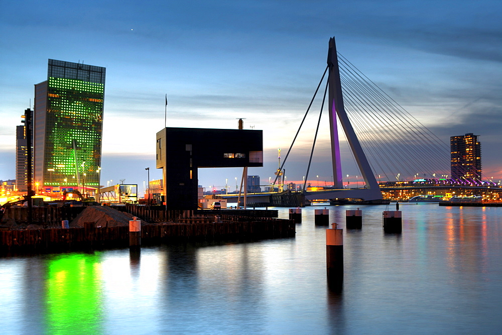 Erasmusbrug bridge over the Maas river with Telekom building to the left, Rotterdam, The Netherlands, Europe