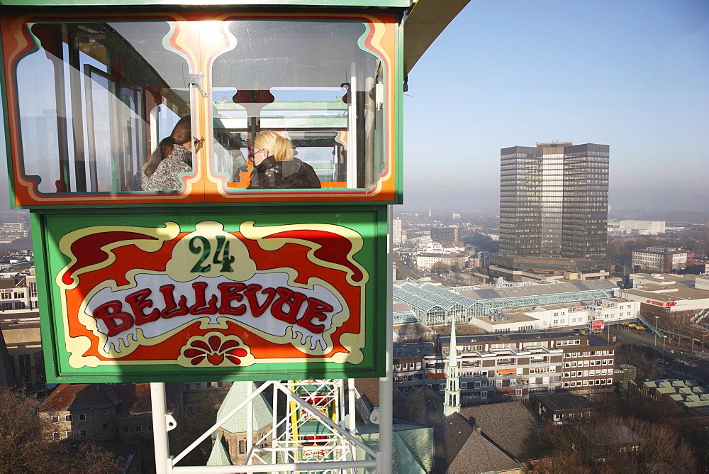 View of the city centre, shopping centre and city hall from a ferris wheel in Essen, North Rhine-Westphalia, Germany, Europe