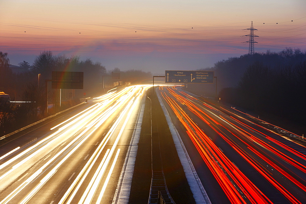 Autobahn (Motorway) A2 at dusk, Bottrop, North Rhine-Westphalia, Germany, Europe