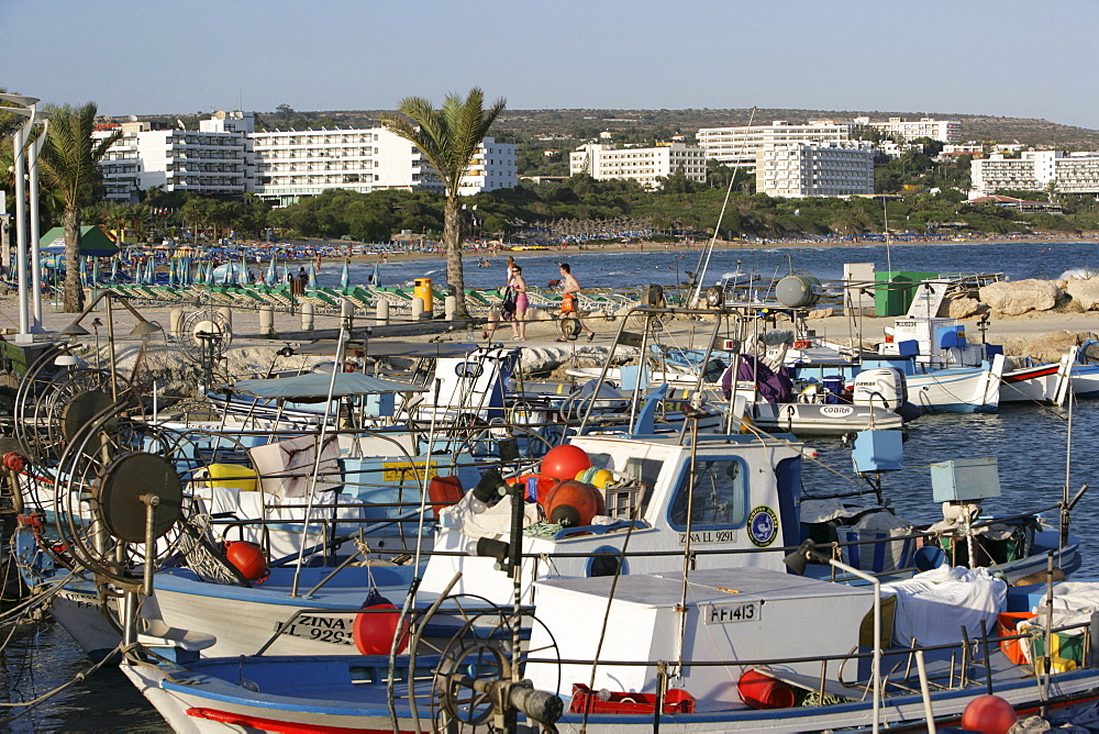 Fishing port, tourist hotels, beach at Ayia Napa, Cyprus, Europe